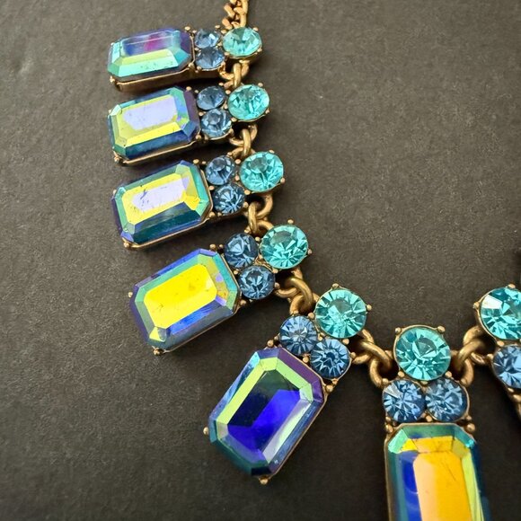 J Crew Statement Necklace Iridescent Blue Turquoise Crystal Stones Gold Adjustab - Picture 5 of 16